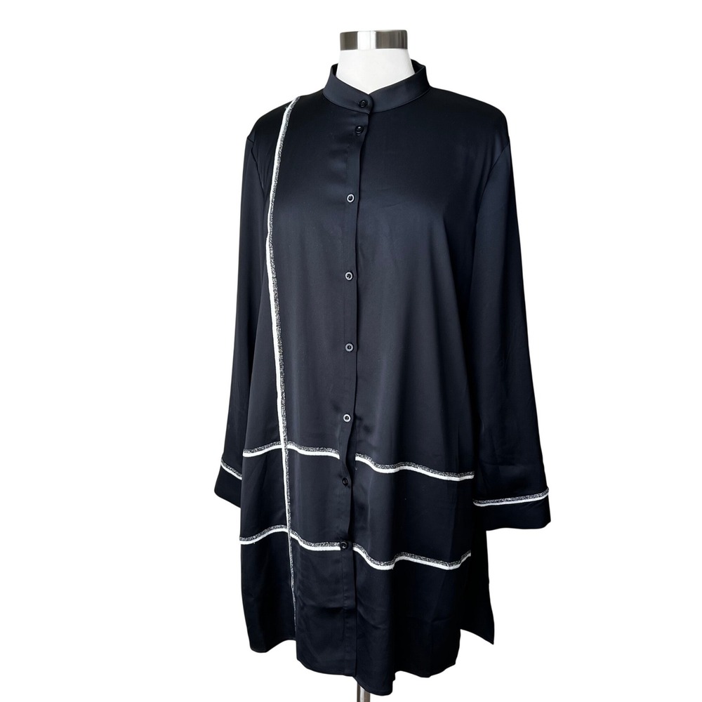Misook Black Button Down Tunic Mandarin Collar Silver Metallic Trim XL K5081G - Picture 9 of 11